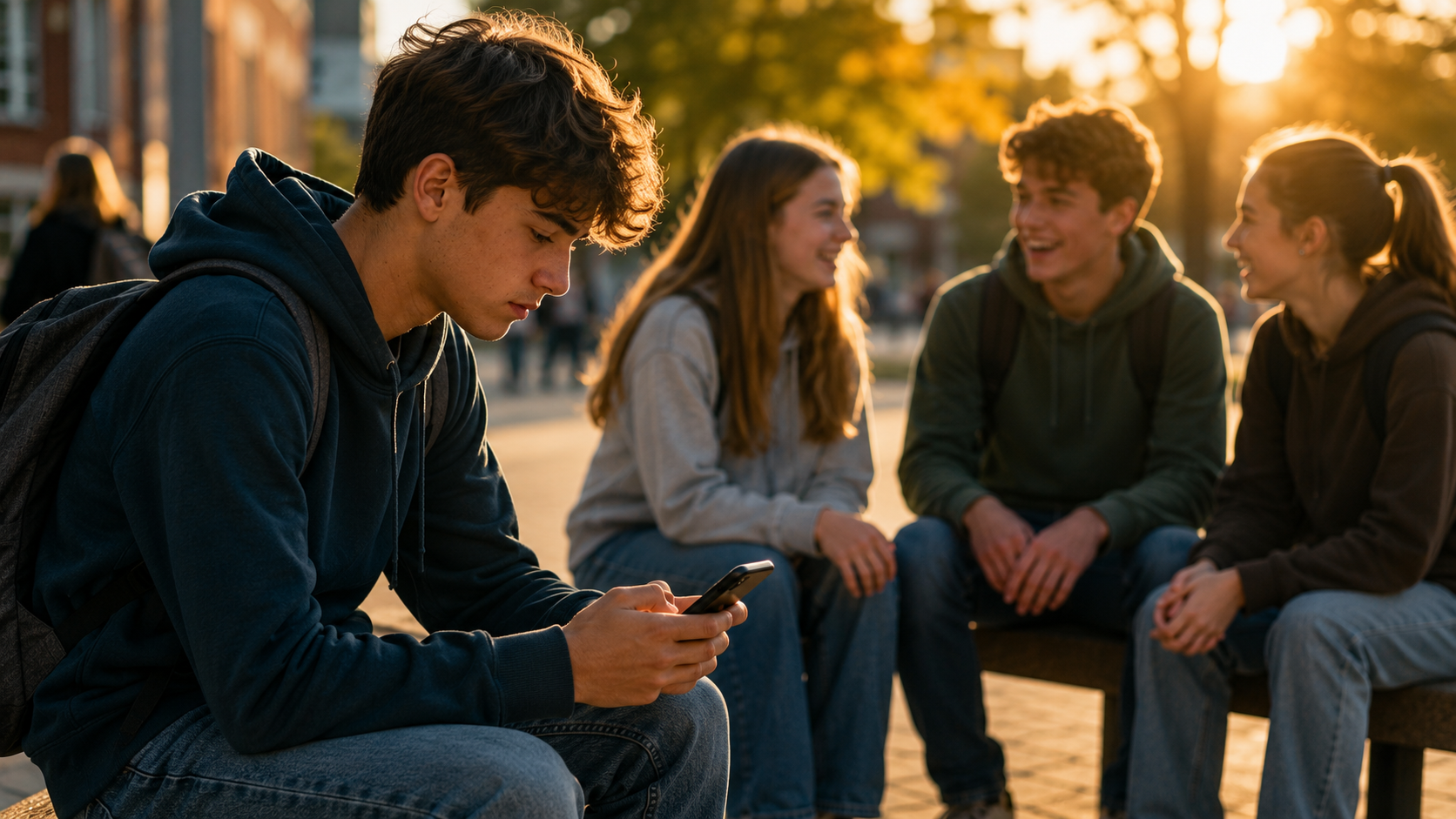 Teen thinking about friendships, social media, connection and offline support