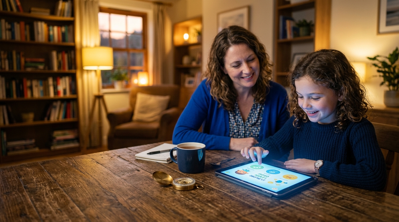 Child using a tablet with a parent nearby, representing safe conversations about AI, chatbots and digital judgement.