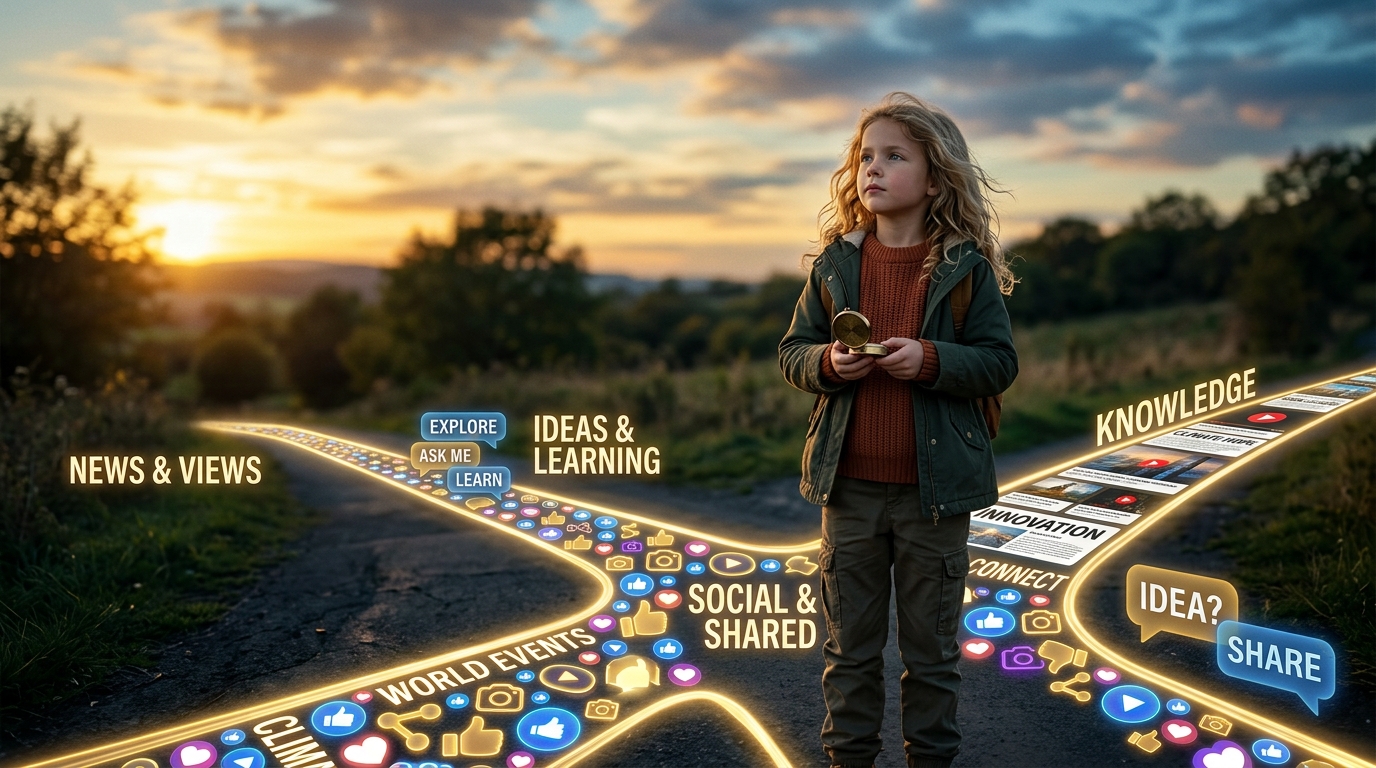 Child standing at a crossroads of online information, holding a compass and thinking carefully