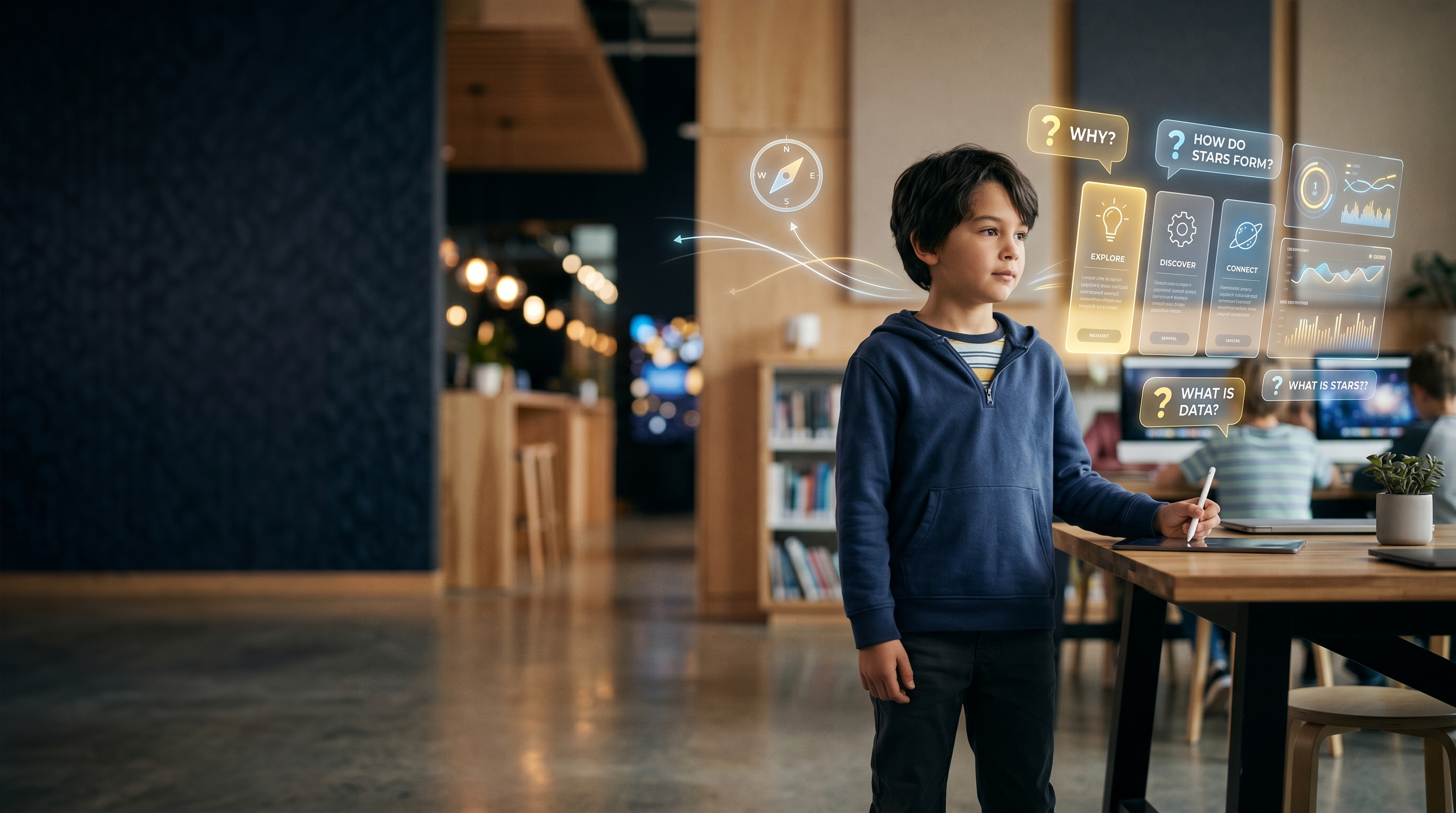 Child thinking confidently while surrounded by digital information, question bubbles and a compass symbol