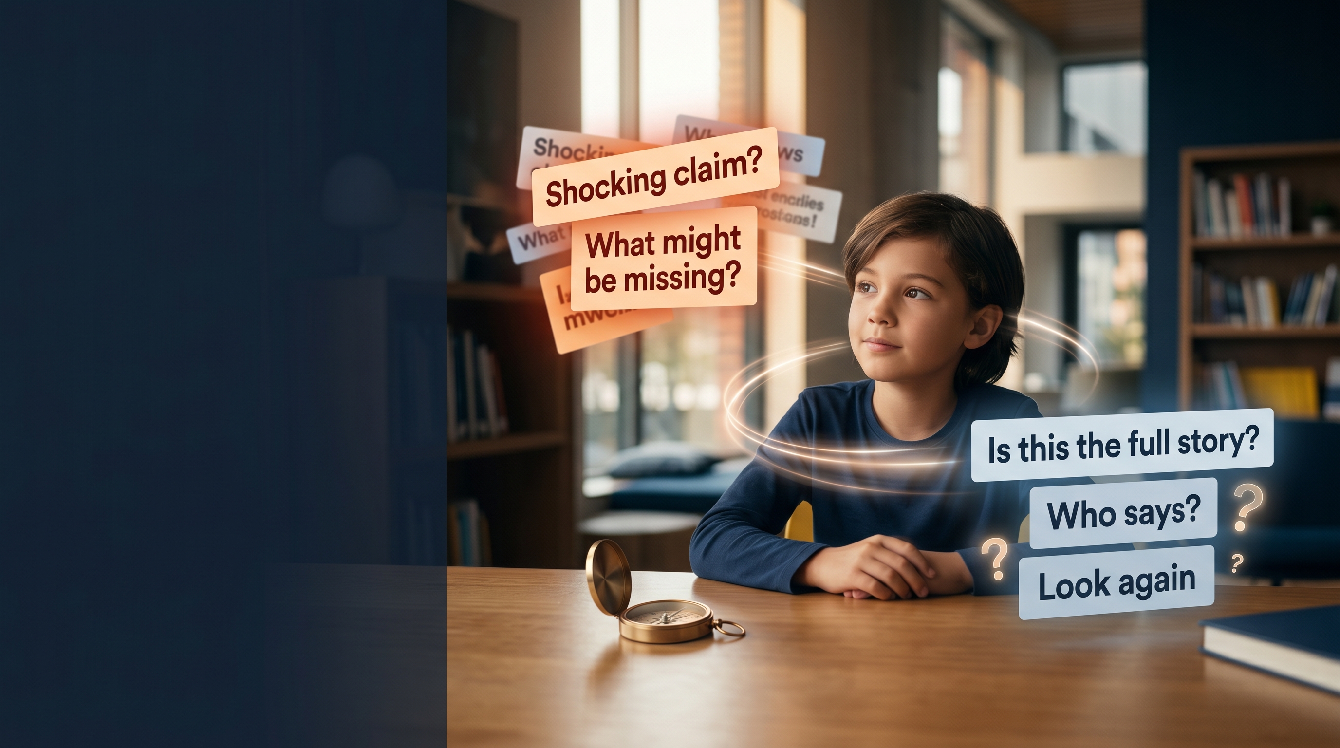 Child calmly comparing floating headline cards while thinking carefully about what might be missing